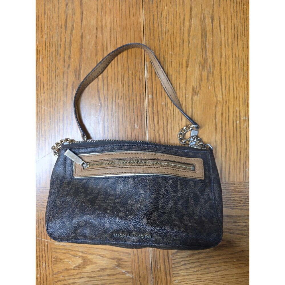 Michael Kors Monogram Brown Leather Small Pouch Shoulder Bag Gold Hardware